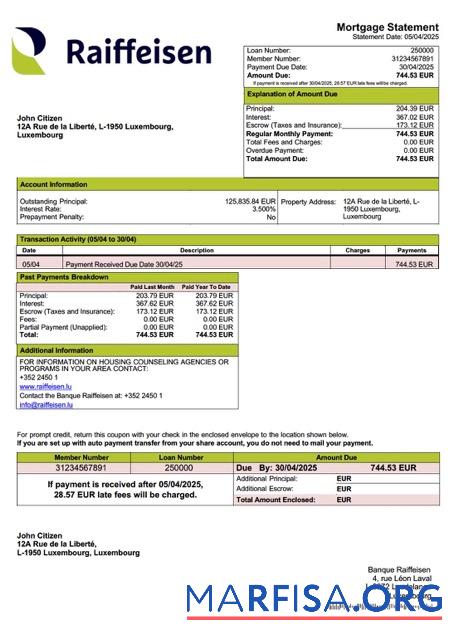 Realistic Luxembourg Banque Raiffeisen mortgage statement Word and PDF template